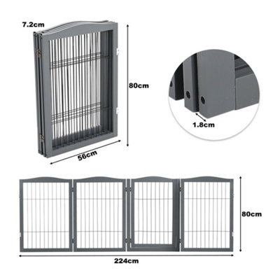 4-Panel Grey Wooden Folding Pet Playpen Freestanding Pet Gate with Fixed Brackets 80cm H
