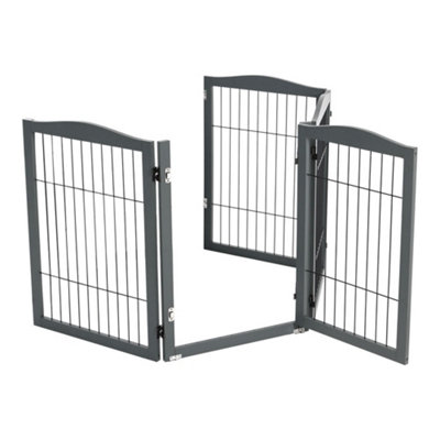 4-Panel Grey Wooden Folding Pet Playpen Freestanding Pet Gate with Fixed Brackets 80cm H - 3
