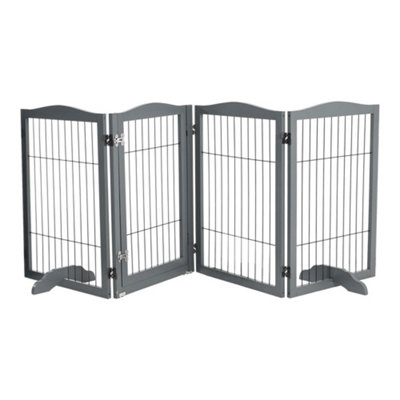 4-Panel Grey Wooden Folding Pet Playpen Freestanding Pet Gate with Fixed Brackets 80cm H - 4