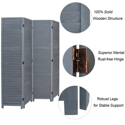 4 Panel Grey Wooden Folding Wall Privacy Screen Protector Room Divider ...