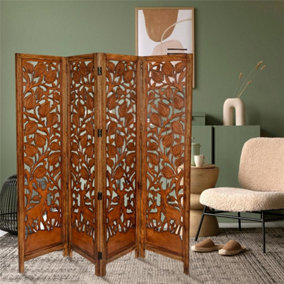4 Panel Hand Carved  Stag Deer Screen Wooden Screen Room Divider 175 x 45 cm per panel, wide open 180 cm Light Brown