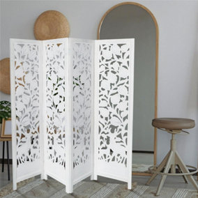 4 Panel Hand Carved  Stag Deer Screen Wooden Screen Room Divider 175 x 45 cm per panel, wide open 180 cm White