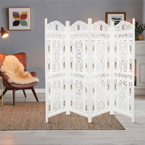 4 Panel Heavy Duty Carved  Screen Wooden Bells Design Screen Room Divider 180 x 50 cm per panel, wide open 200 cm White