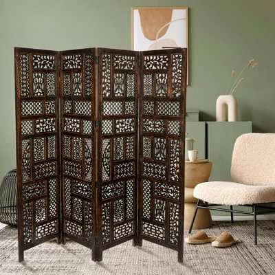 4 Panel Heavy Duty Carved Screen Wooden Circle Mesh Room Divider Dark ...