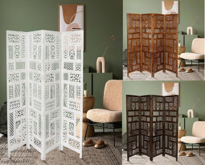 4 Panel Heavy Duty Carved Screen Wooden Circle Mesh Room Divider Light ...
