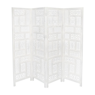 4 Panel Heavy Duty Carved Screen Wooden Circle Mesh Room Divider White ...