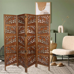 4 Panel Heavy Duty Carved  Screen Wooden Elephant Screen Room Divider 180 x 50 cm per panel, wide open 200 cm  Light Brown