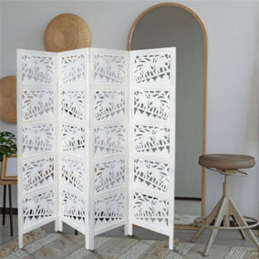 4 Panel Heavy Duty Carved  Screen Wooden Elephant Screen Room Divider 180 x 50 cm per panel, wide open 200cm White