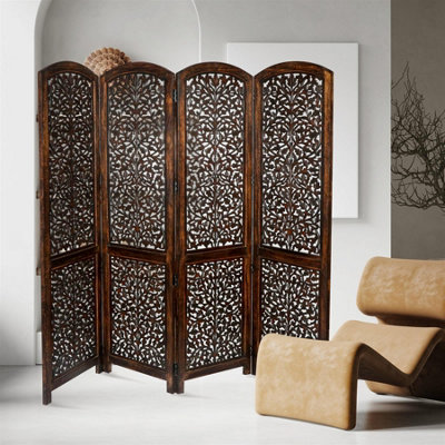 4 Panel Heavy Duty Carved Screen Wooden Kashmiri Mesh Room Divider Dark ...