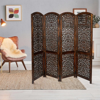 4 Panel Heavy Duty Carved Screen Wooden Kashmiri Mesh Room Divider Dark ...