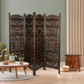 4 Panel Heavy Duty Carved  Screen Wooden Leaves Design Screen Room Divider 180 x 50 cm per panel, wide open 200 cm Dark Brown
