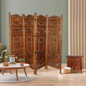 4 Panel Heavy Duty Carved  Screen Wooden Leaves  Design Screen Room Divider 180 x 50 cm per panel, wide open 200 cm Light Brown