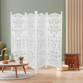 4 Panel Heavy Duty Carved  Screen Wooden Leaves  Design Screen Room Divider 180 x 50 cm per panel, wide open 200 cm White