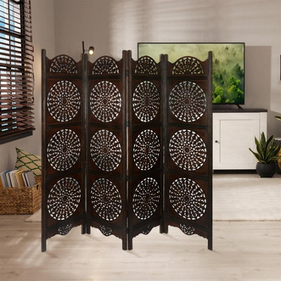 4 Panel Heavy Duty Carved Screen Wooden Round Sticker Design Room ...