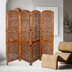 4 Panel Heavy Duty Carved  Screen Wooden Screen Divider Kashmiri Mesh 175 cm x 45 cm per panel, wide open 180 cm (Light Brown)