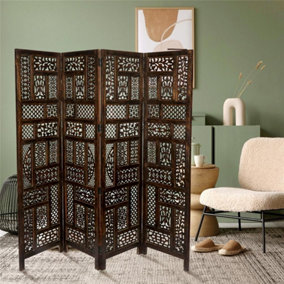 4 Panel Heavy Duty Carved  Screen Wooden Screen Room Divider Circle Mesh 180 x 50 cm per panel, wide open 175 cm Dark Brown