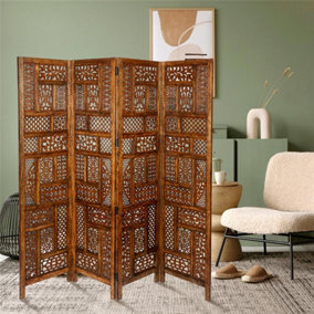 4 Panel Heavy Duty Carved  Screen Wooden Screen Room Divider Circle Mesh 180 x 50 cm per panel, wide open 175 cm Light Brown