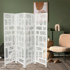 4 Panel Heavy Duty Carved  Screen Wooden Screen Room Divider Circle Mesh 180 x 50 cm per panel, wide open 175 cm White