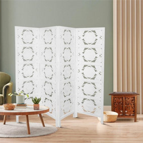 4 Panel Heavy Duty Carved  Screen Wooden Swirl Design Screen Room Divider 180 x 50 cm per panel, wide open 200 cm White