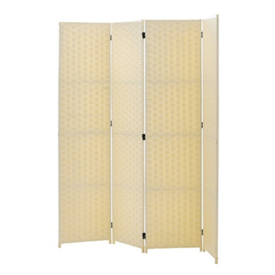 4 Panel Room Divider Privacy Screen Rattan Effect Folding Room Partition Ivory H 180 cm x W 180 cm