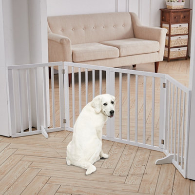 4-Panel White Wooden Folding Pet Playpen Freestanding Pet Gate with Fixed Bracket 60.5cm H