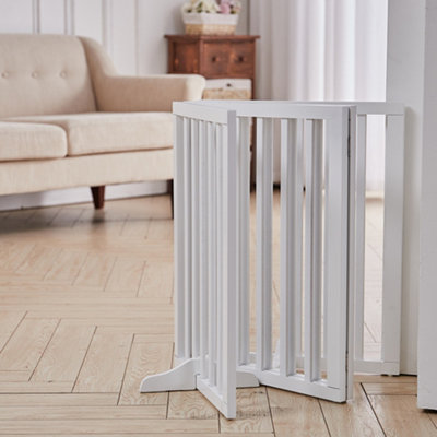 4-Panel White Wooden Folding Pet Playpen Freestanding Pet Gate with Fixed Bracket 60.5cm H
