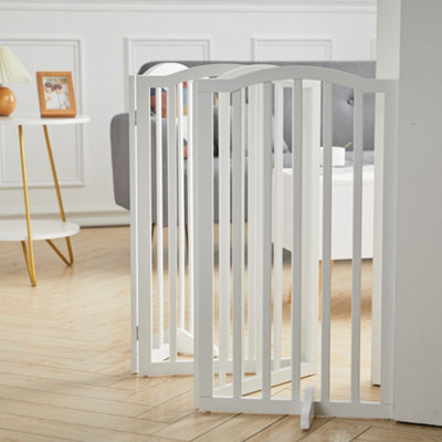 4-Panel White Wooden Folding Pet Playpen Freestanding Pet Gate with Fixed Bracket 82cm H