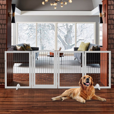 4-Panel White Wooden Folding Pet Playpen Freestanding Pet Gate with Fixed Brackets 80cm H