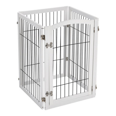 4-Panel White Wooden Folding Pet Playpen Freestanding Pet Gate with Fixed Brackets 80cm H