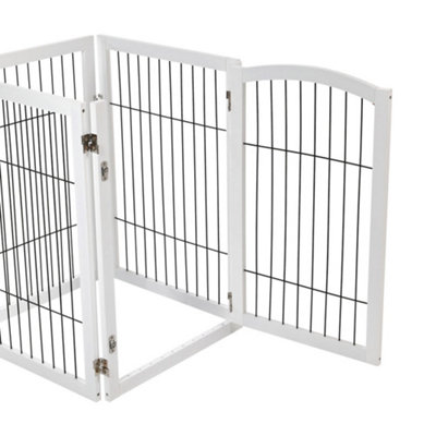 4-Panel White Wooden Folding Pet Playpen Freestanding Pet Gate with Fixed Brackets 80cm H - 4