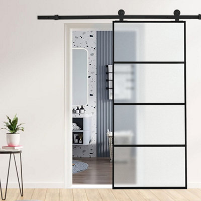 4 Panels Frosted Glass Barn Door Interior Sliding Door 90cm W x 205cm H with Hardware Track Kit 183cm