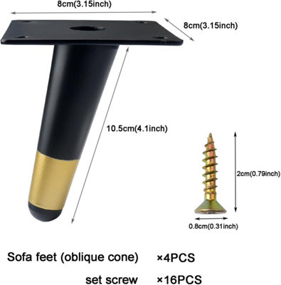 4 Pcs 10cm Black Gold Metal Diagonal Furniture Legs for Sofa, Table