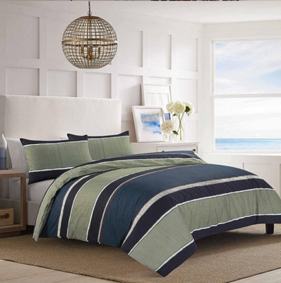 4 Pcs Nathan Stripes Blue Duvet Cover Set With Valance Sheet & Pillowcase