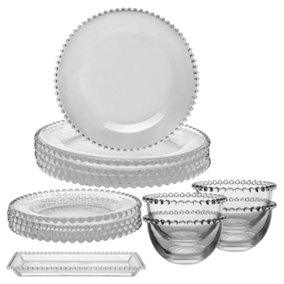 4 Person Bella Perle 13 Piece Dinner Plate, Side Plate, Bowl & Serving Plate Glass Christmas Dinner Set