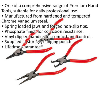 4 Piece 180mm Circlip Pliers Set - Hardened - Spring Loaded Jaws - Non Slip Tips