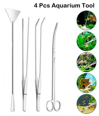 4 Piece Aquarium Aquascaping Tool Kit Set with Tweezers, Scissors & Scraper