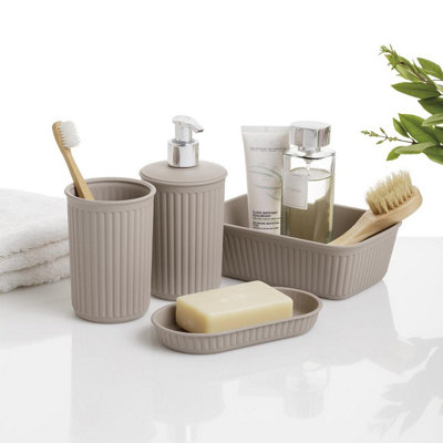 4 Piece Bathroom Accessory Set with Soap Dispenser, Toothbrush Tumbler, Soap Dish & Organiser for Bath, Shower or Sink - Taupe Price Comparisons | Compare The Build