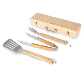 4 Piece BBQ Tools Set with Wood Handles
