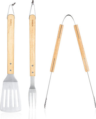 4 Piece BBQ Tools Set with Wood Handles - 4