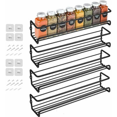 4 Piece Black Metal Wall Mounted Spice Rack Set with Adhesive or Screw ...