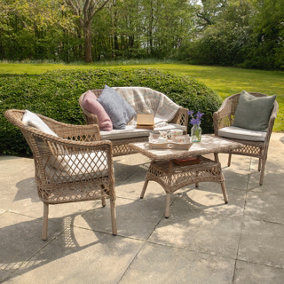 4 Piece Brown Wicker Style Garden Furniture Set - Outdoor Weatherproof Table, Sofa & 2 Chairs with Cushions for Patio, Decking