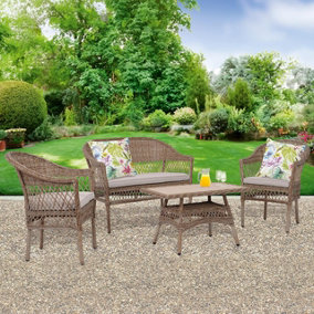 4 Piece Brown Wicker Style Garden Furniture Set - Outdoor Weatherproof Table, Sofa & 2 Chairs with Cushions for Patio, Decking