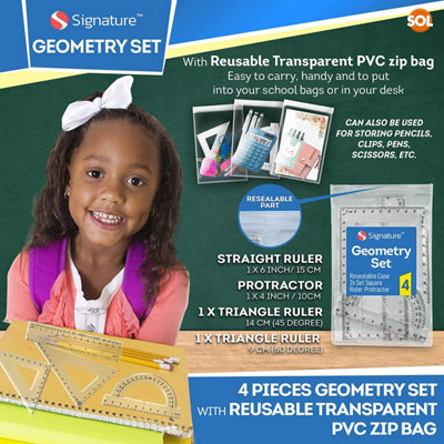 4 Piece Geometry Sets for Secondary School 2x Set Square Ruler Set Protractor Set for