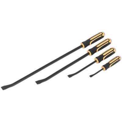 4 Piece Heavy Duty Angled Pry Bar Set - Hammer- Hardened Steel - Soft Grip
