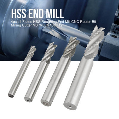 4-Piece HSS Roughing End Mill Set with 4 Flutes for CNC-M6,M8,M10,M12 Sizes
