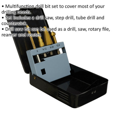 4 Piece Multifunction Bit Set - Drill Saw - Step & Tube Drills - Countersink