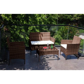 4 Piece Rattan Brown Garden Set, PE Rattan Garden Furniture Set with Coffee Table, Anti-UV Cushions for Indoor Outdoor