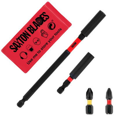 4 Piece Saxton Magnetic 60mm and 152mm Professional Impact Bit Holders with 1 x PZ2 & 1 x PH2 Screwdriver Impact Bits