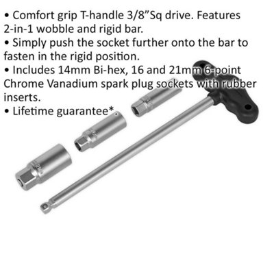 4 Piece Spark Plug Socket Set - T-Bar Handle - 3/8" Sq Drive - Rubber Inserts
