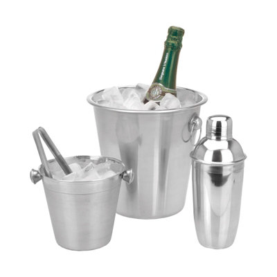 4 Piece Stainless Steel Cocktail Making Set Shaker 2x Champagne Bucket Tongs Kit